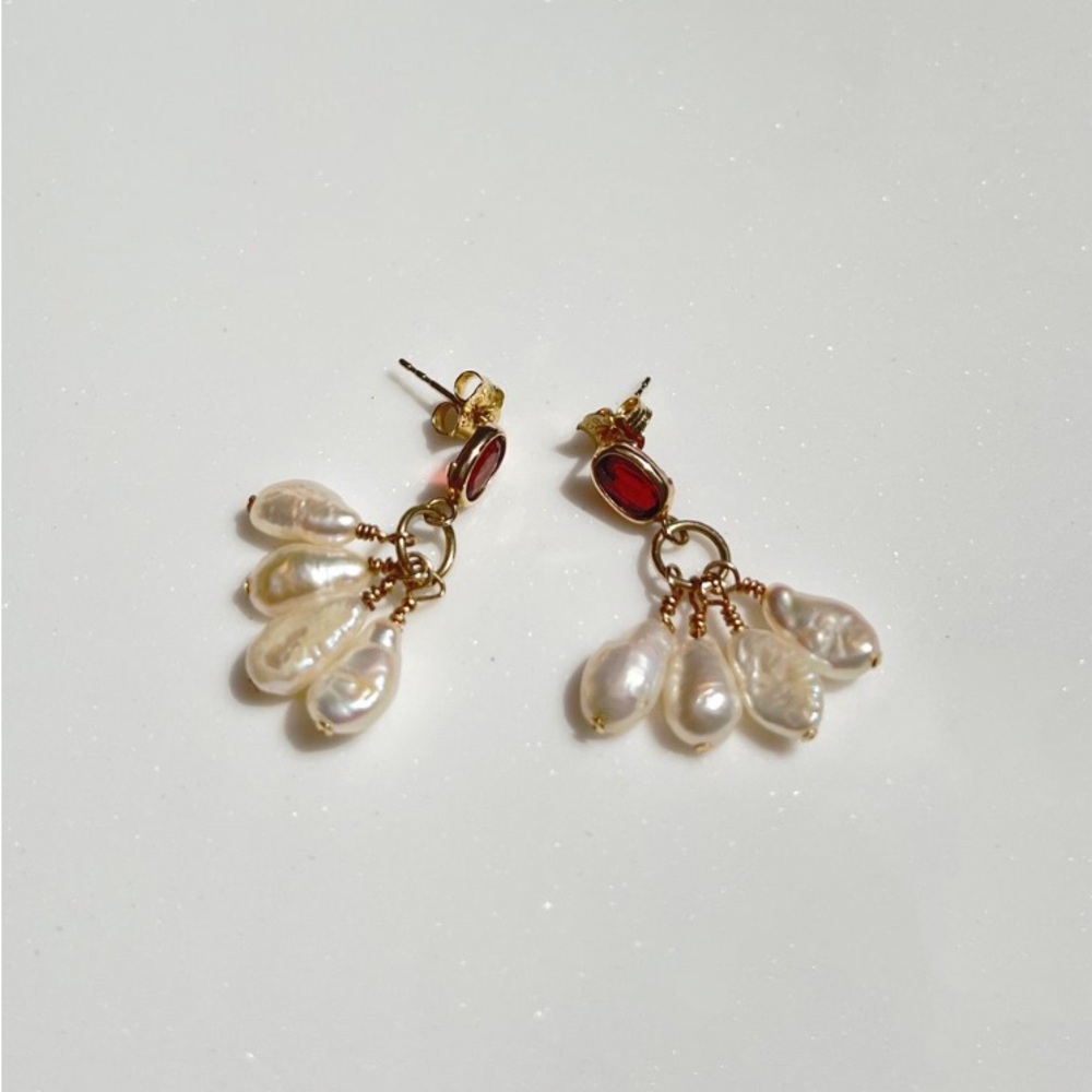 14K Solid Yellow Gold and Garnet Pearl Drip Earrings